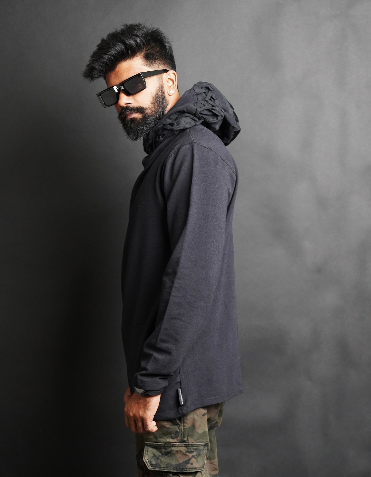 Black standout hoodie stand out hoodie tech wear cyberpunk future hoodie modern hoodie future scifi fiction sci cyberpunk dystopian postapocalyptic fallout madmax wasteland cosplay apocalypse designer hoodie hip hop hoodie stylish hoodie lace detail hoodie tape details at the back hoodie KTZ hoodie ktz hoodie