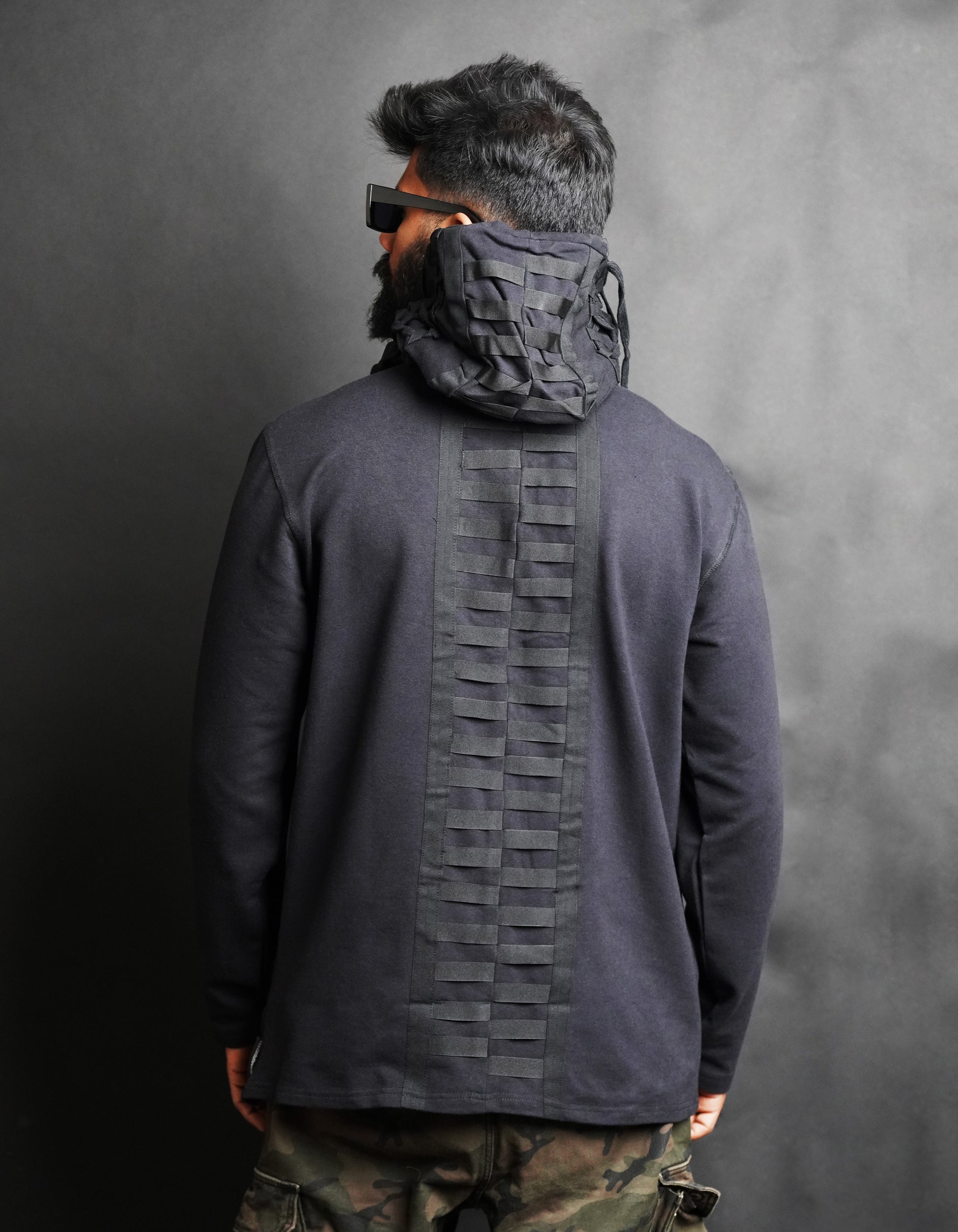 Black standout hoodie stand out hoodie tech wear cyberpunk future hoodie modern hoodie future scifi fiction sci cyberpunk dystopian postapocalyptic fallout madmax wasteland cosplay apocalypse designer hoodie hip hop hoodie stylish hoodie lace detail hoodie tape details at the back hoodie KTZ hoodie ktz hoodie