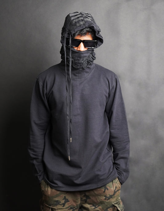 Black standout hoodie stand out hoodie tech wear cyberpunk future hoodie modern hoodie future scifi fiction sci cyberpunk dystopian postapocalyptic fallout madmax wasteland cosplay apocalypse designer hoodie hip hop hoodie stylish hoodie lace detail hoodie tape details at the back hoodie KTZ hoodie ktz hoodie