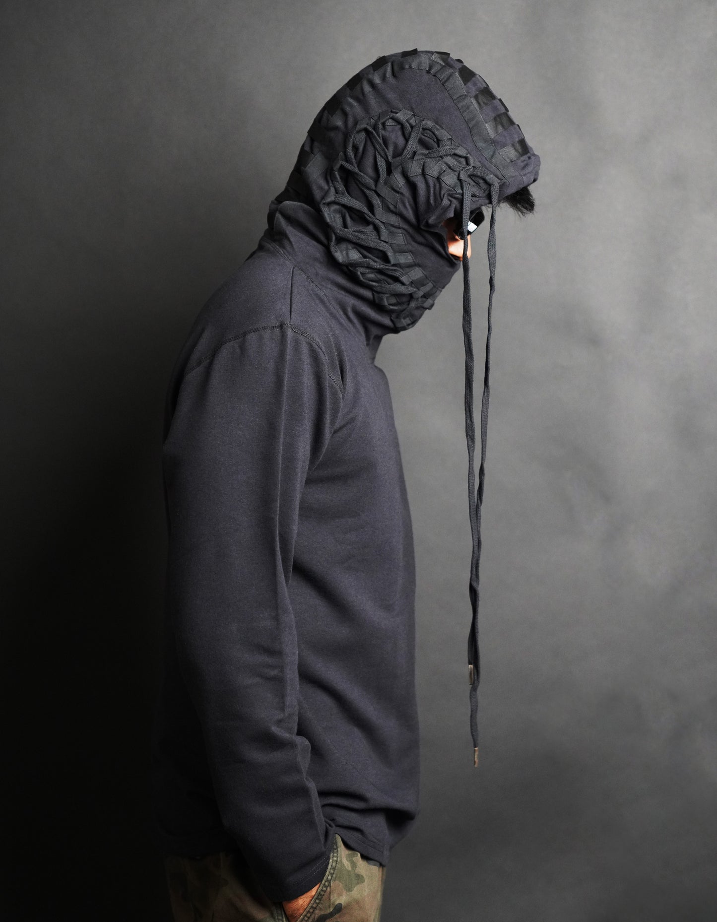 Black standout hoodie stand out hoodie tech wear cyberpunk future hoodie modern hoodie future scifi fiction sci cyberpunk dystopian postapocalyptic fallout madmax wasteland cosplay apocalypse designer hoodie hip hop hoodie stylish hoodie lace detail hoodie tape details at the back hoodie KTZ hoodie ktz hoodie
