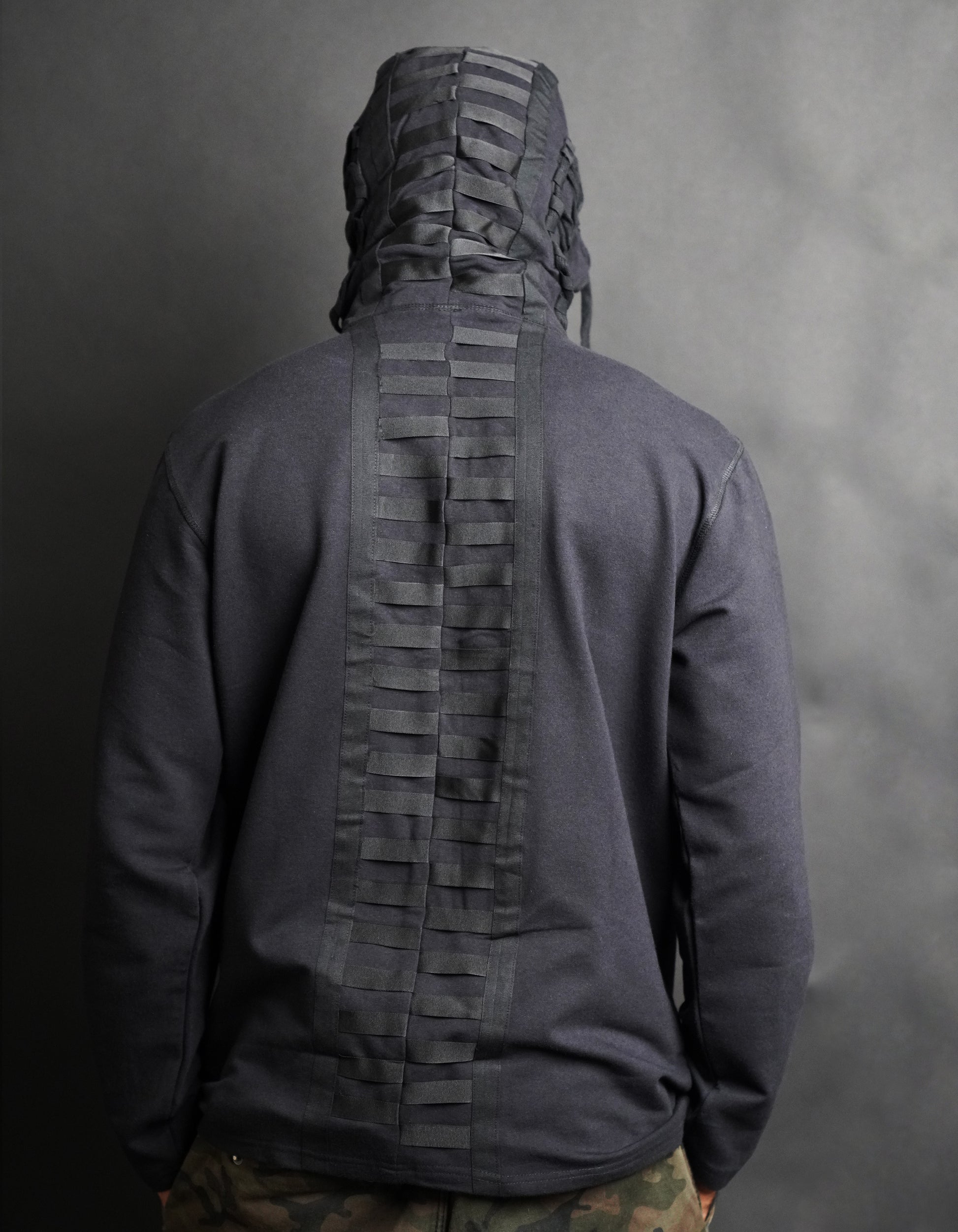 Black standout hoodie stand out hoodie tech wear cyberpunk future hoodie modern hoodie future scifi fiction sci cyberpunk dystopian postapocalyptic fallout madmax wasteland cosplay apocalypse designer hoodie hip hop hoodie stylish hoodie lace detail hoodie tape details at the back hoodie KTZ hoodie ktz hoodie