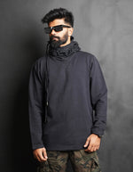 Load image into Gallery viewer, Black standout hoodie stand out hoodie tech wear cyberpunk future hoodie modern hoodie future scifi fiction sci cyberpunk dystopian postapocalyptic fallout madmax wasteland cosplay apocalypse designer hoodie hip hop hoodie stylish hoodie lace detail hoodie tape details at the back hoodie KTZ hoodie ktz hoodie
