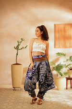 Load image into Gallery viewer, blue all over printed harem pant india harem trousers standout hippie pants harem pants men harem pants women patiyala pant unisex yoga harem pant loose pant printed bohemian pant
