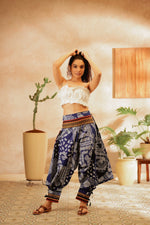 Load image into Gallery viewer, blue all over printed harem pant india harem trousers standout hippie pants harem pants men harem pants women patiyala pant unisex yoga harem pant loose pant printed bohemian pant
