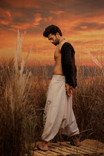 Load image into Gallery viewer, hand printed harem pant the veshti company harem trousers standout hippie pants grey harem joggers harem pants men bohemian boho pant bombay trooper Hoppers For Men adaddin pants harem jeans
