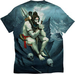 Load image into Gallery viewer, shiva smoking ganja smoking shiva t shirt Image of hindu god lord shiva smoking weed from chillum is printed on a premium polyester t shirt. This is an all over print tshirt hence the image covers both front and back this product is sold worldwide by standout shipped from india. visit www.standoutforever.com
