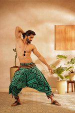 Load image into Gallery viewer, teal printed harem pant harem trousers standout hippie pants harem pants men harem pants women patiyala pant unisex yoga harem pant loose pant printed bohemian pant boho pant bombay troopers harem jean
