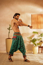 Load image into Gallery viewer, teal printed harem pant harem trousers standout hippie pants harem pants men harem pants women patiyala pant unisex yoga harem pant loose pant printed bohemian pant boho pant bombay troopers

